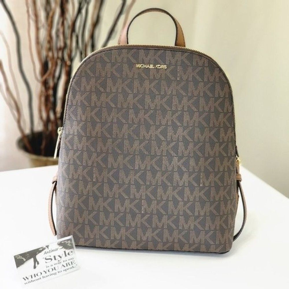 NEW! MICHAEL KORS Cindy MK Signature Brown LG Backpack Bag Gold Logo